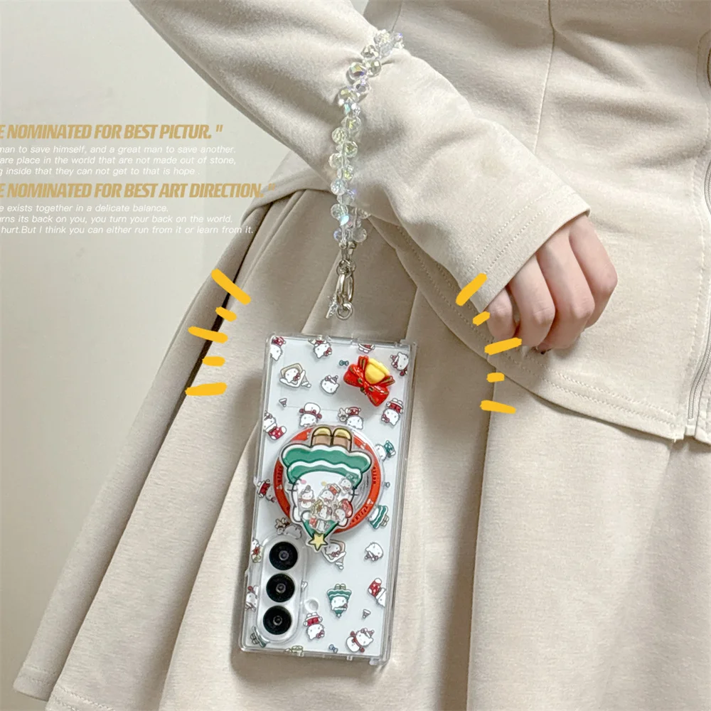 

Cute Cartoon Magnetic Phone Case For Samsung Galaxy Z Fold 7 Fold 6 fold 5 4 3 Cover With Chain Kitty Christmas For Magsafe Case