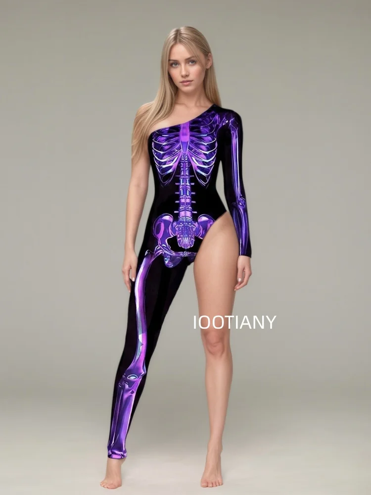Gotischer Halloween-Skelett-Print-Bodysuit für Damen, One-Shoulder, einlanger Ärmel, asymmetrischer, enger Jumpsuit, Bühnen-Rave-Outfit – Detail 18