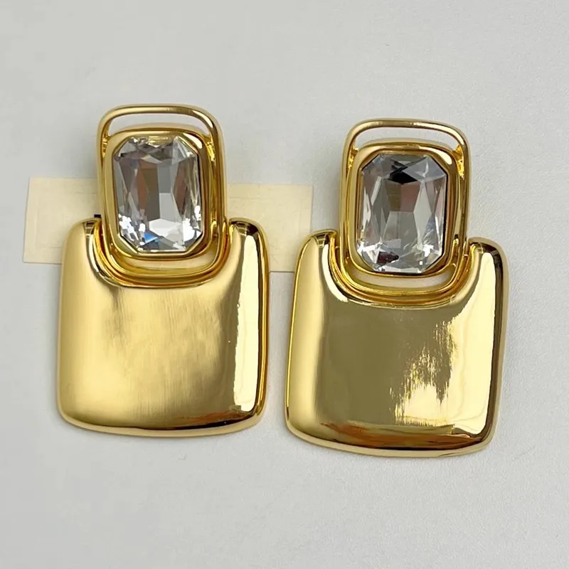 Vintage Exaggerated Metal Square Geometric Crystal Large Earrings for Women European American Personality Party Heavy Jewelry