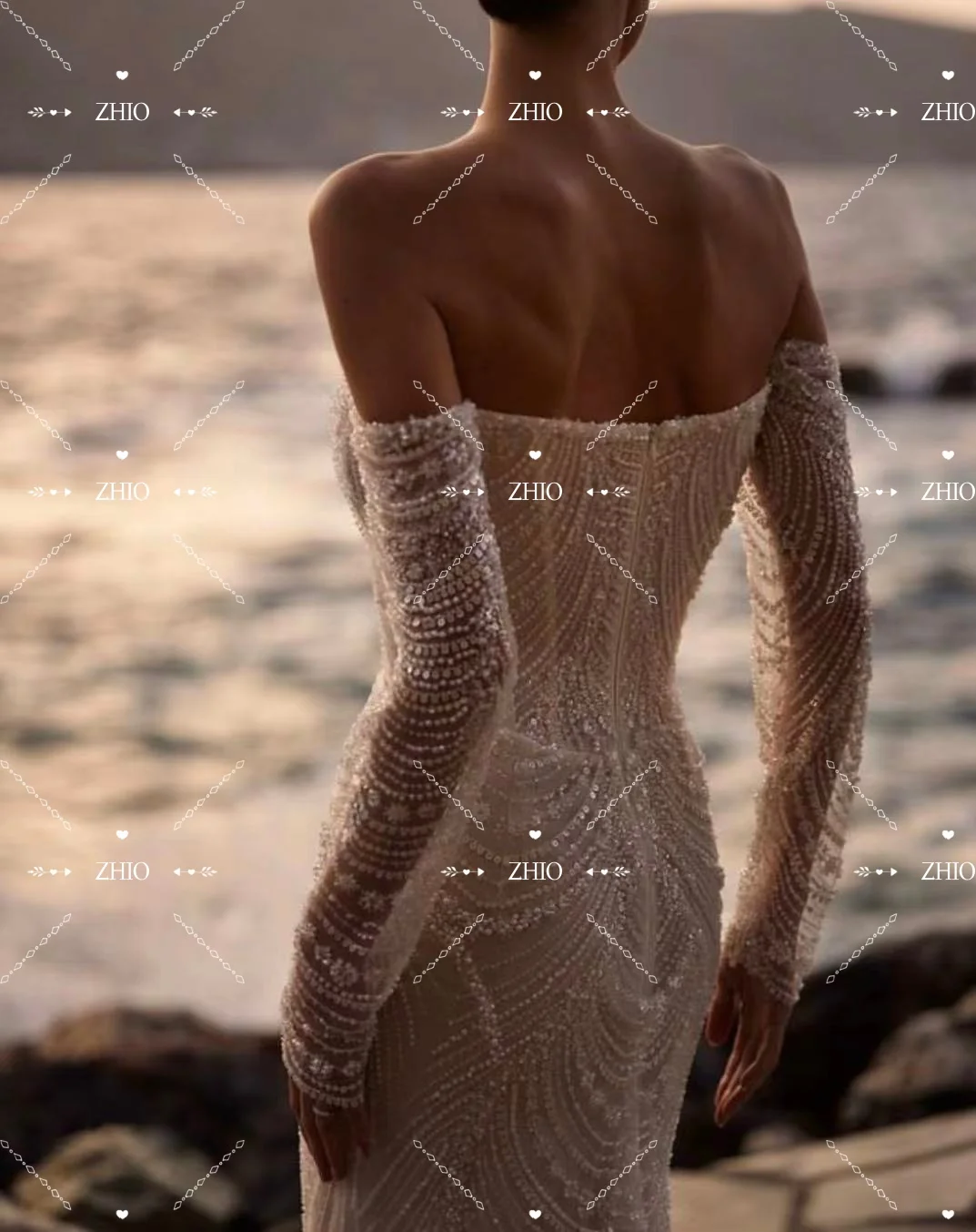 Zhi modesto beading marfim rendas vestidos de casamento fora do ombro sereia trem varredura vestido de noiva personalizado novo 2026 para noiva luxo