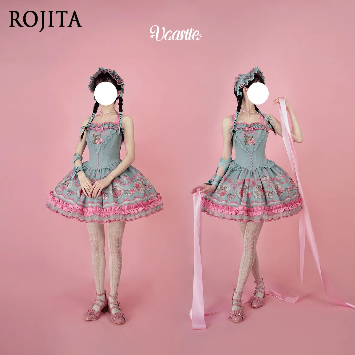 

Sweet Lolita Cat Print Tiered JSK Dress 2026 Summer New Blue Pink Ruffle Kawaii Lolita Outfit Lolita JSK Dress