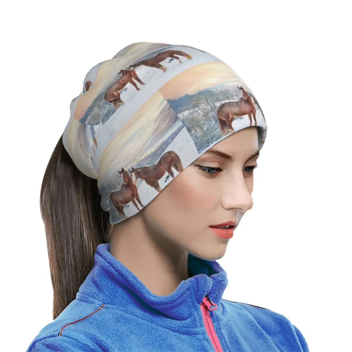 Horses With Snow And Sunset Hills Multifunctional Elastic Neck Gaiter Dust Proof Face Cover Bandana Unisex Climbing Fishing