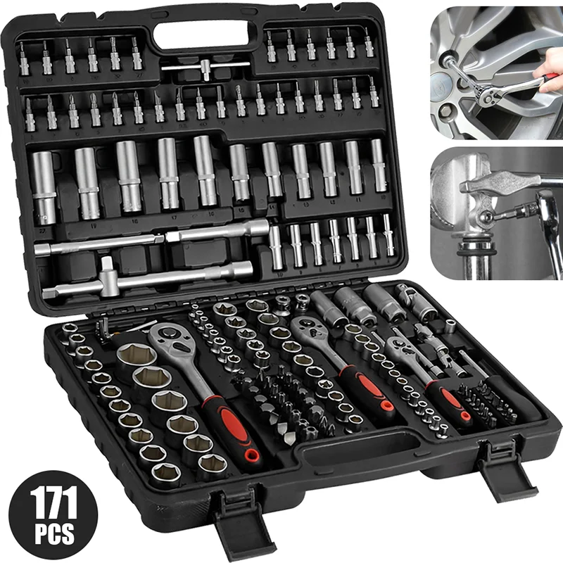 171pcs Socket Wrench Set Car Repair Tool Ratchet Torque Wrench Combo Kit 1/4 3/8 1/2 Ratchet Spanner Screwdriver Bits Hand Tool