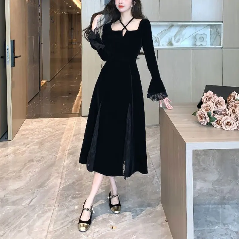 French Style Square Collar Halter Dresses Spring Autumn A-Line Stylish Patchwork Basic Female Clothing Aura Elegant Midi Dress
