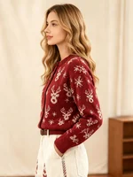 Women's Burgundy Red Printed Knitted Cardigan with Christmas Reindeer Gingerbread Man Snowflake Pattern, Round-Neck Long-Sleeved Festive Sweater Cardigan 4