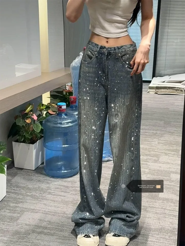 

Тонкие джинсы с высокой талией в стиле ретро, женские осенне-зимние новые широкие брюки длиной до пола с ромбовидной отделкой High Street