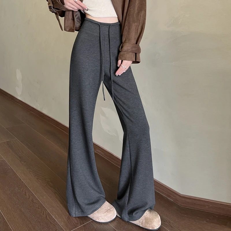 

Women's Autumn Winter Thick Warm Fleece Lining Flare Full Length Pants Lady Streetwear Casual High Waist Boot Cut Pants