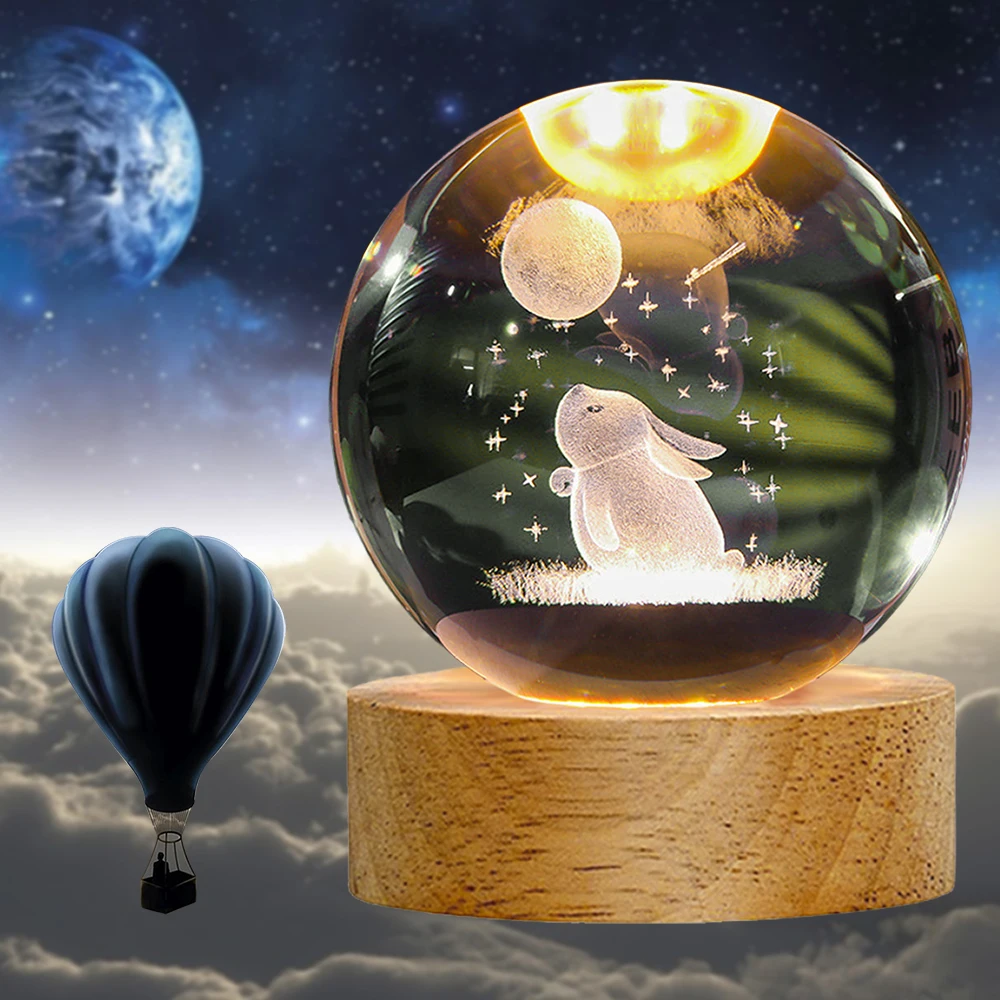 1pc 3D Moon Rabbit Sculpture Crystal Ball Light Glass Ball Lamp Night Light Friend Mother Wife Colleague Gift Birthday Wedding