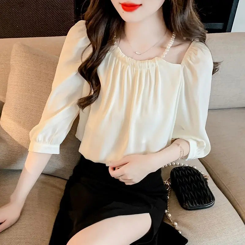 Summer Women\'s Chiffon Solid Color Pullover Long Sleeve Beaded Shirring Round Neck T-shirt Elegant Fashionable Casual Tops