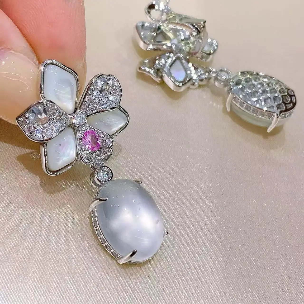 KQDANCE New 925 Sterling Silver Mother of Pearl Shell White Natural Stone Oval Egg Cut Flower Drop Earrings Luxury Fine Jewelry