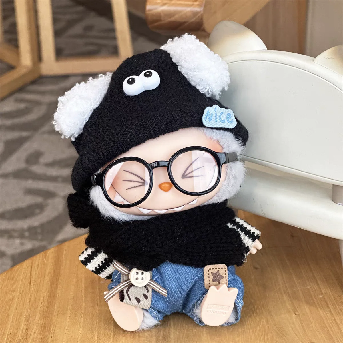 Fashion Clothes Set For 17cm Labubu V1 V2  Dog hat Denim strap Striped Inside Labubu Designer Clothes Labubu Ropa