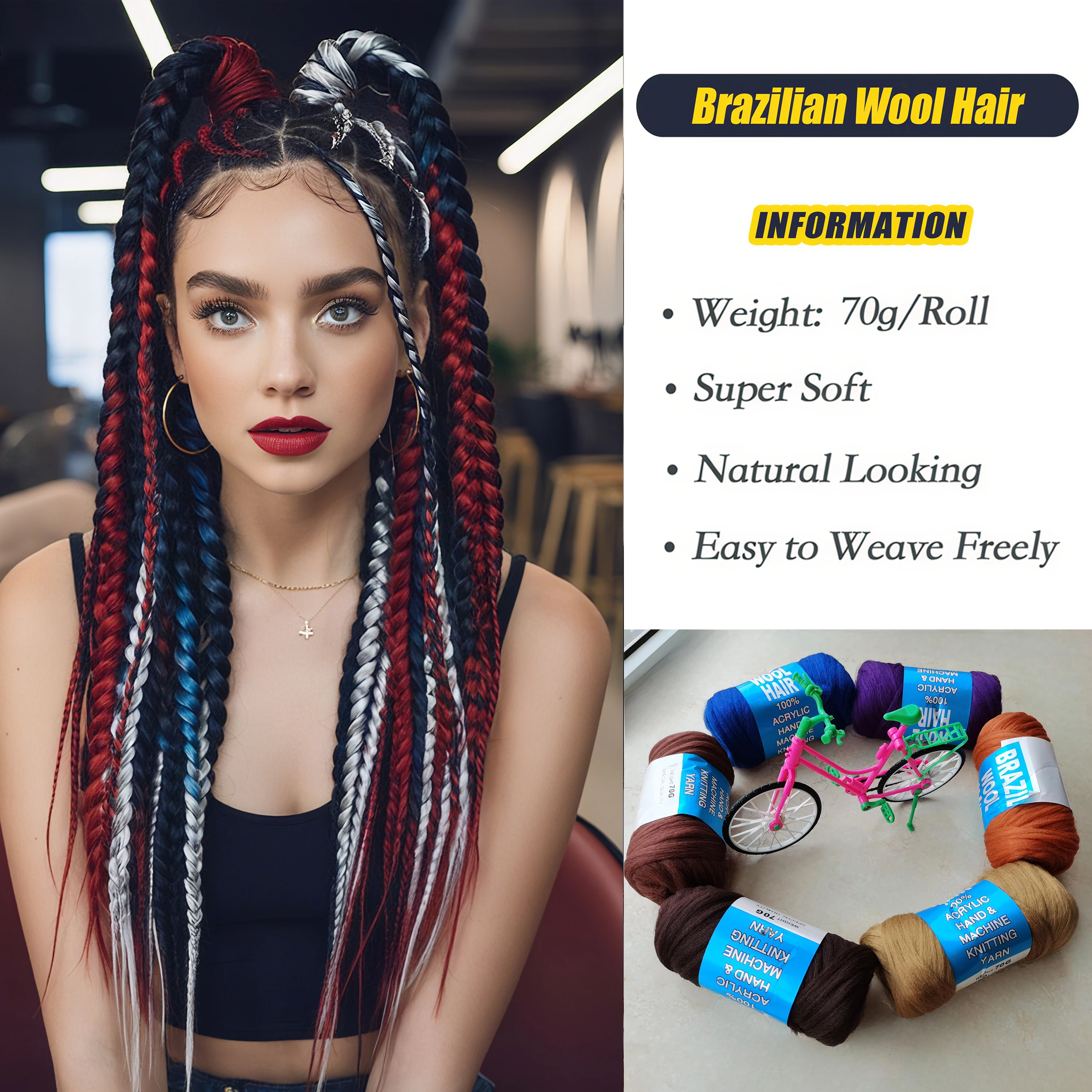 

Brazilian Wool Hair Extensions Acrylic Yarn for Hair Braiding Sengalese Twisting Jumbo Braids/Crochet Faux Locs/Wraps/Dreadlocks