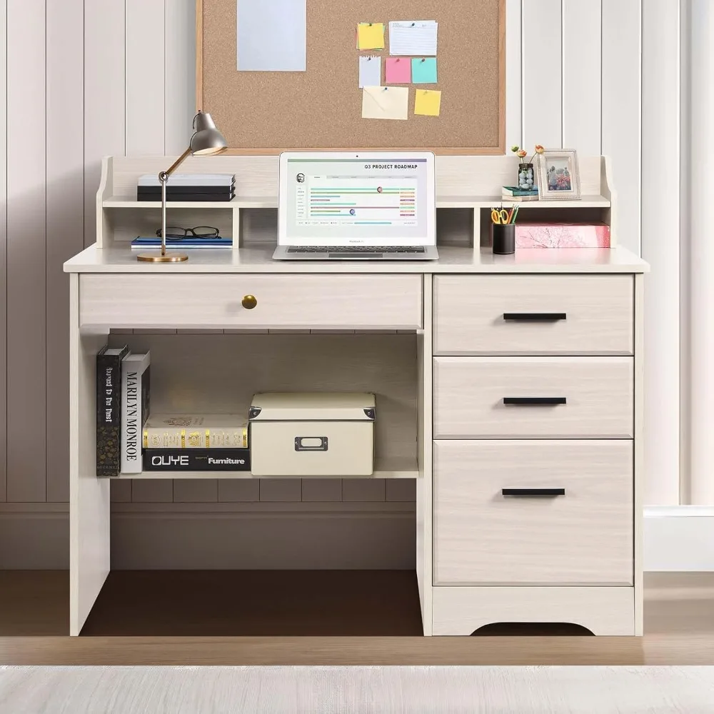 Computer Desk with Drawers and Hutch,  Wood Executive Desk Student Desk with File Drawer for Bedroom, Small Space, Milky White