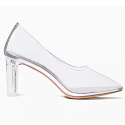 Summer Clear PVC Chunky heels Closed Pointed Toe Pumps Slip On Women Transparent Pumps Crystal Shoes Ladies