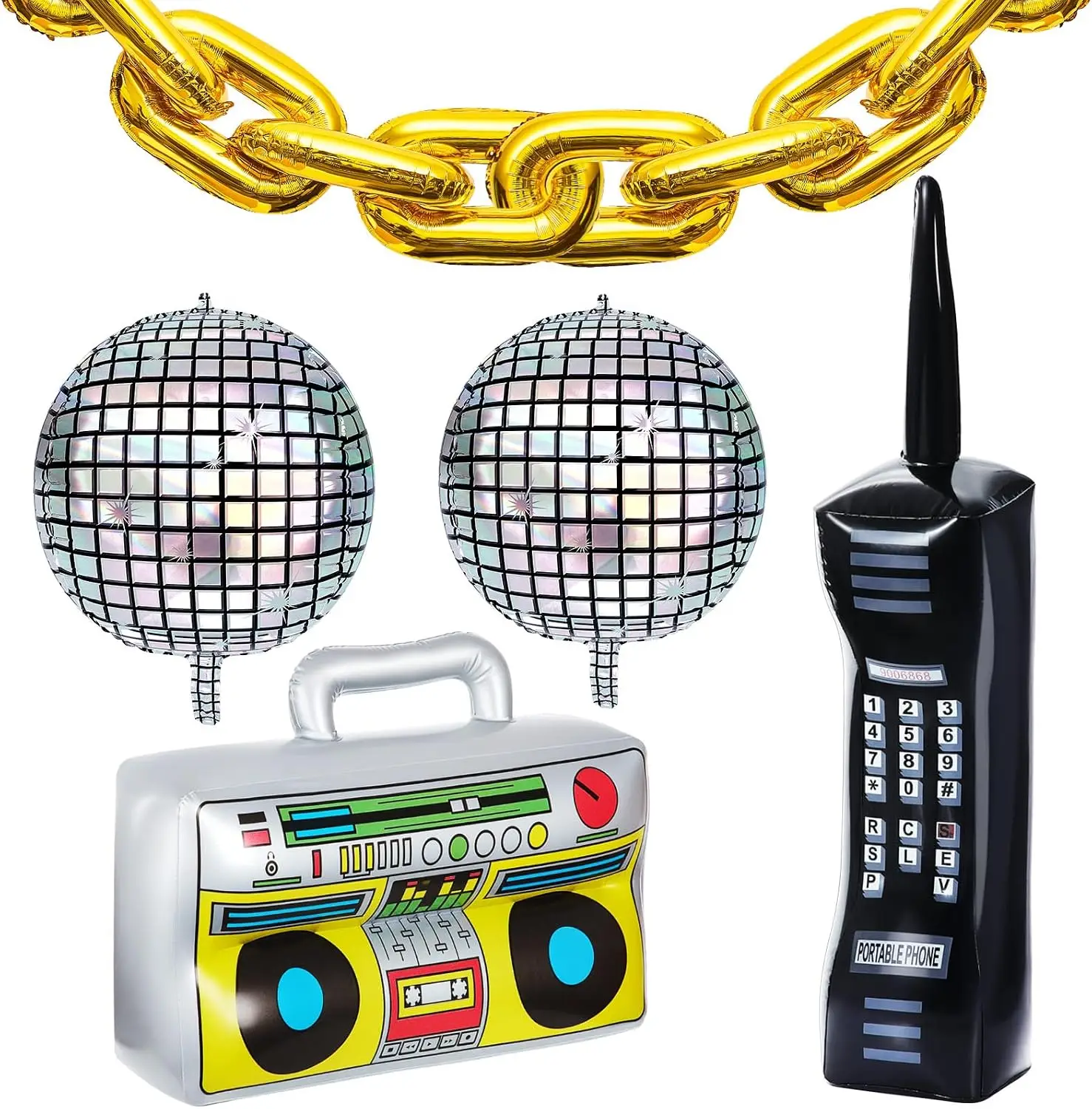 Zhanmai 18 Pcs 80s 90s Party Decorations Inflatable Radio Boombox Inflatable Mobile Phone Roller Skate Rainbow Balloons 22 Inch Disco Ball Balloons 16 Inch Gold Foil Chain Balloon for Adult Hip Hop