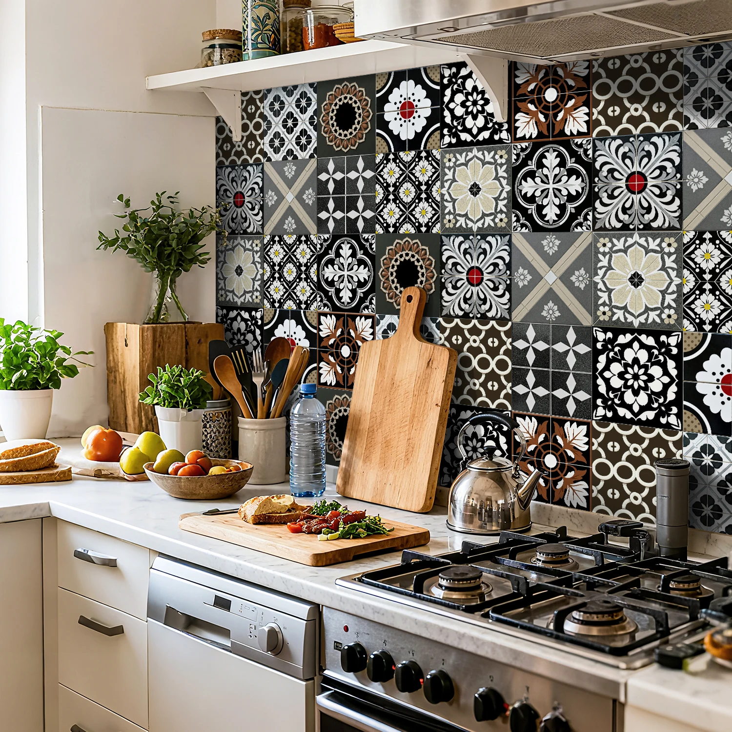 24pcs Moroccan black and white patterned tile combination self-adhesive wall stickers, kitchen and bathroom decorative stickers