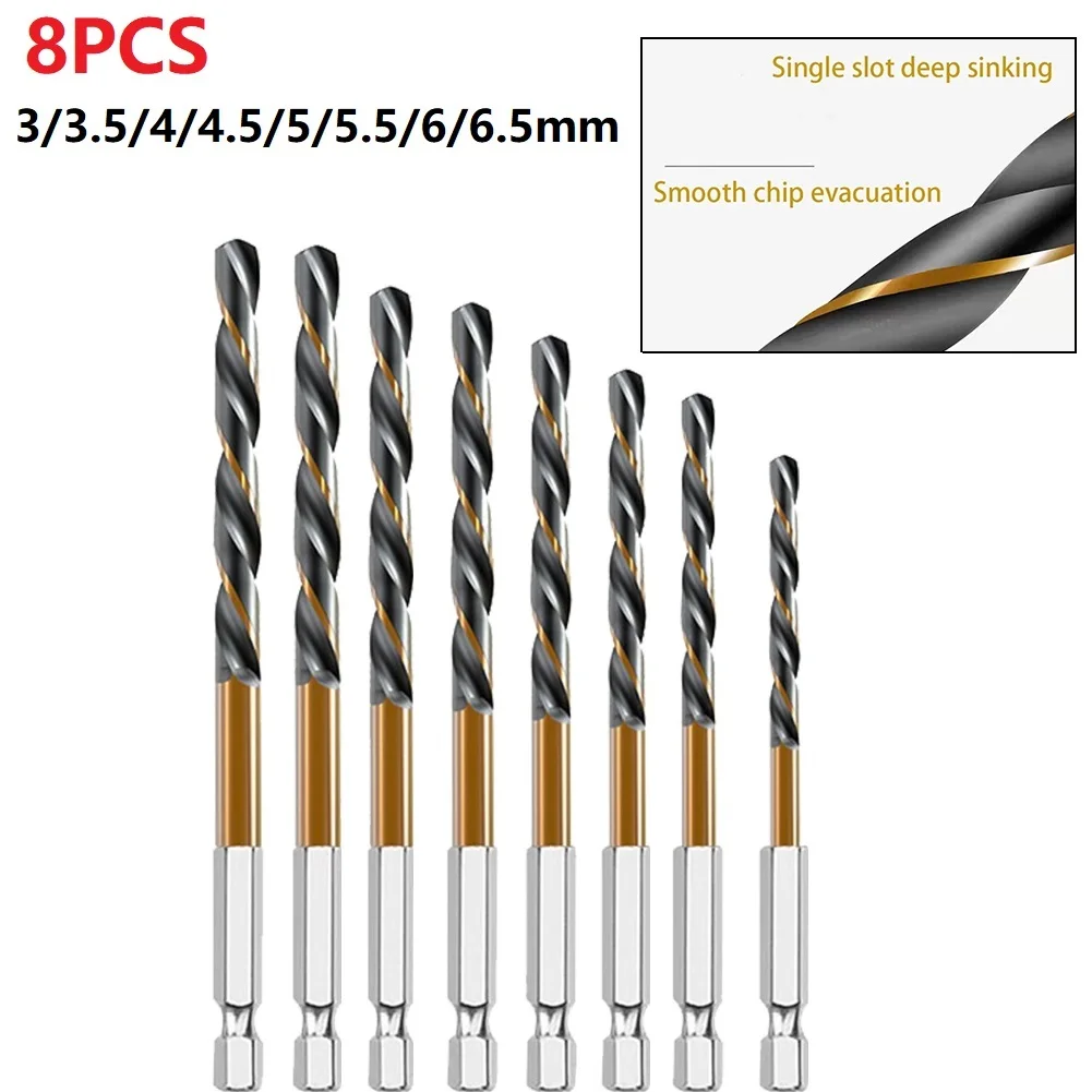 

New 8PCS HSS High Speed Steel Coated Drill Bit Set 1/4 Hex Shank 3-6.5mm Hexagonal Handle Twist Drill