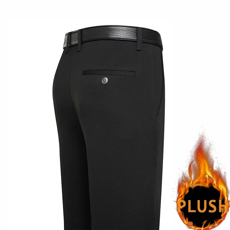2024 Autumn Winter Men\'s Thick Warm Fleece Pants Plush Smart Casual Suit Pants Loose Straight Navy Blue Black Pants Trousers