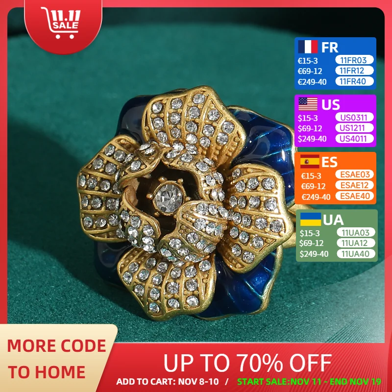 

Floral Rhinestones Flower Ring Vintage Jewelry Decoration Blue Oil Drop Gold Color Antique Wedding Engagement For Women Luxury
