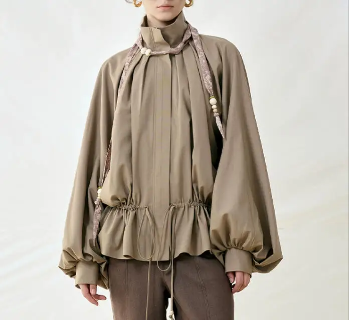 

2025 autumn and winter women's new drawstring loose frog jump solid color casual ladies tops