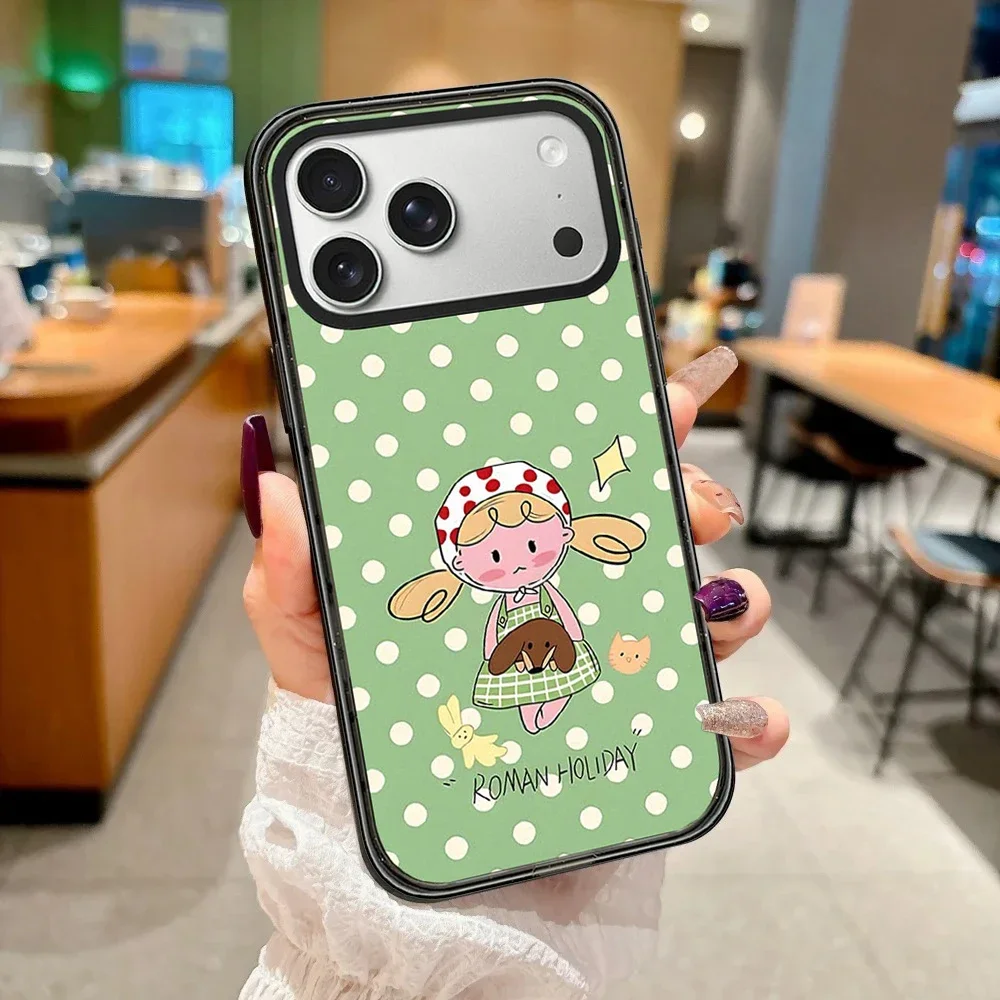 Cartoon Green Polka Dot Dress Girl Impact Black Border Magnetic Phone Case Cover for IPhone 13 14 15 16 17 18 Pro Max Case