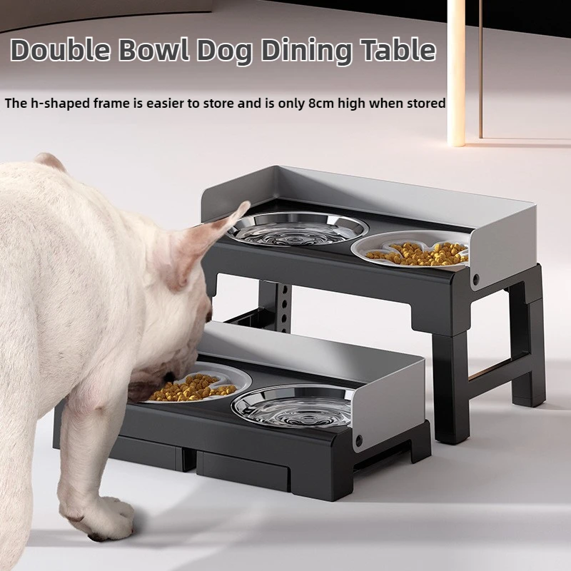 Foldable Elevated Dog Bowl Neck Guard Tiltable Stainless Steel Dog Bowl with Slow Food Bow Dog Feeding Splash Proof Dining Table