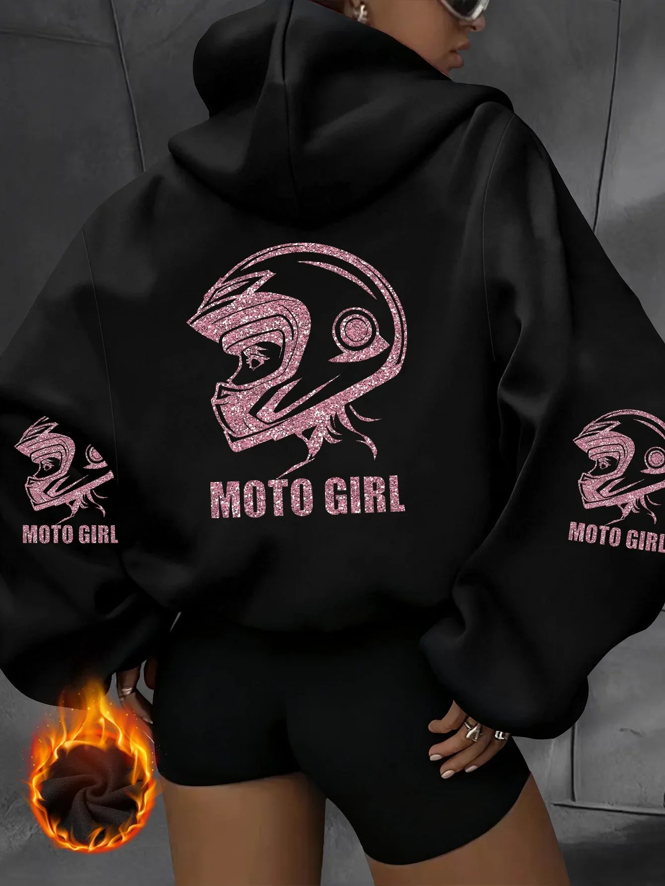 Moto Girl Hoodie Womens Loose Fit Hooded Sweatshirt Pink Glitter Moto Helmet Print Fleece Pullover Biker Rider Street Style Tops