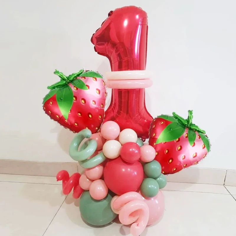 30pcs Strawberry Number Foil Balloon set Strawberry First 1st 2rd Birthday Party Decorations for Girl Sweet Fruit Party Supplies