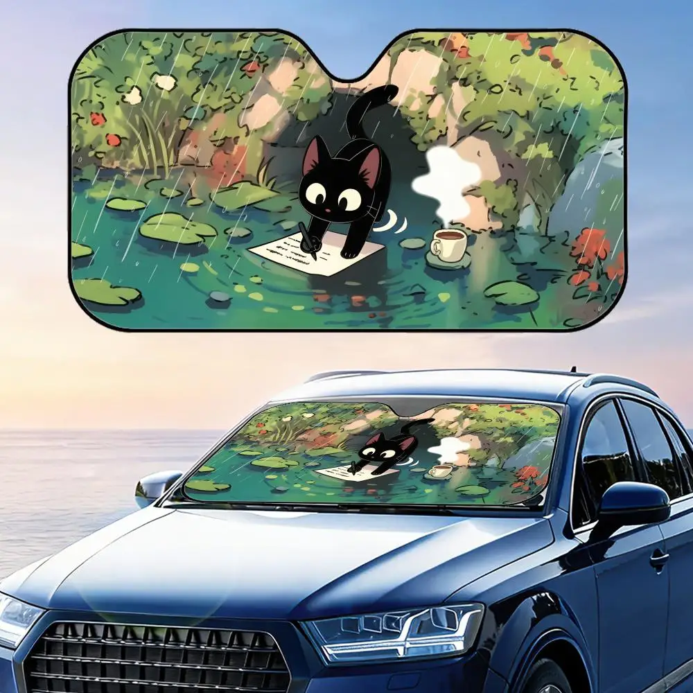 

Солнцезащитный козырек с изображением мультяшного кота на листе лотоса, складной, для лобового стекла автомобиля, защита от УФ-излучения, отражающий, теплоизоляционный, многоразовый чехол