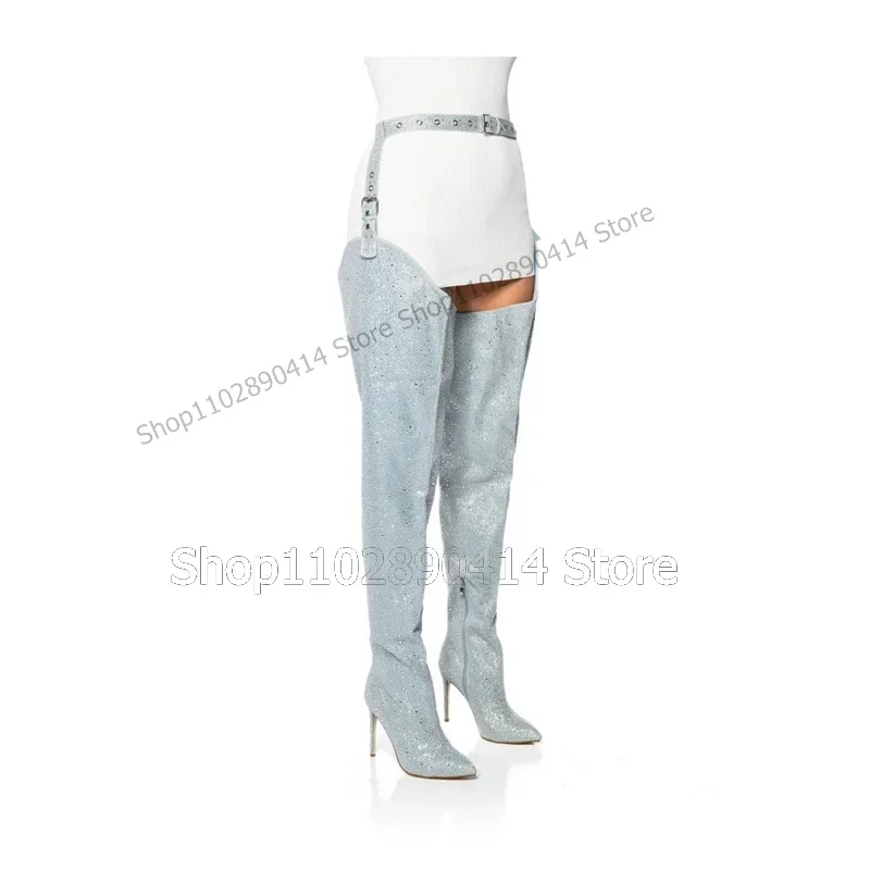 

Light Blue Giltter Belt Decor Boots Thigh High Women Shoes Thin High Heels Pointed Toe Fashionable Sexy 2023 Zapatos Para Mujere