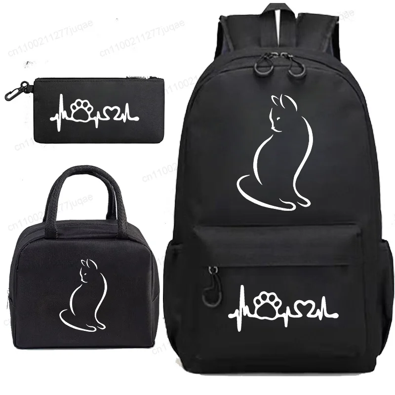 Chibi Anime Cat 3Pcs Backpack Set, Back To School Bag for Girls Boys Teenager, Shoulder Bookbag with Lunch Bag and Pencil Case