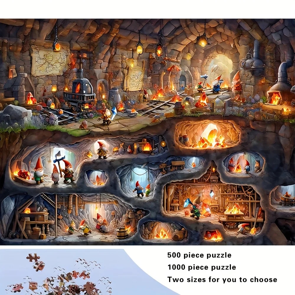 500/1000pcs Adult Puzzle - Large-Scale Intricate Fantasy World with Gnomes, Dragons & Magical Creatures - Challenging 500pcs O
