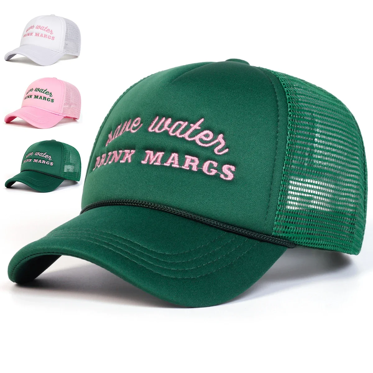 Gorras de red de béisbol con bordado de letras DRINK MARGS Unisex, gorras informales ajustables para exteriores para primavera y otoño, gorra deportiva con protección solar