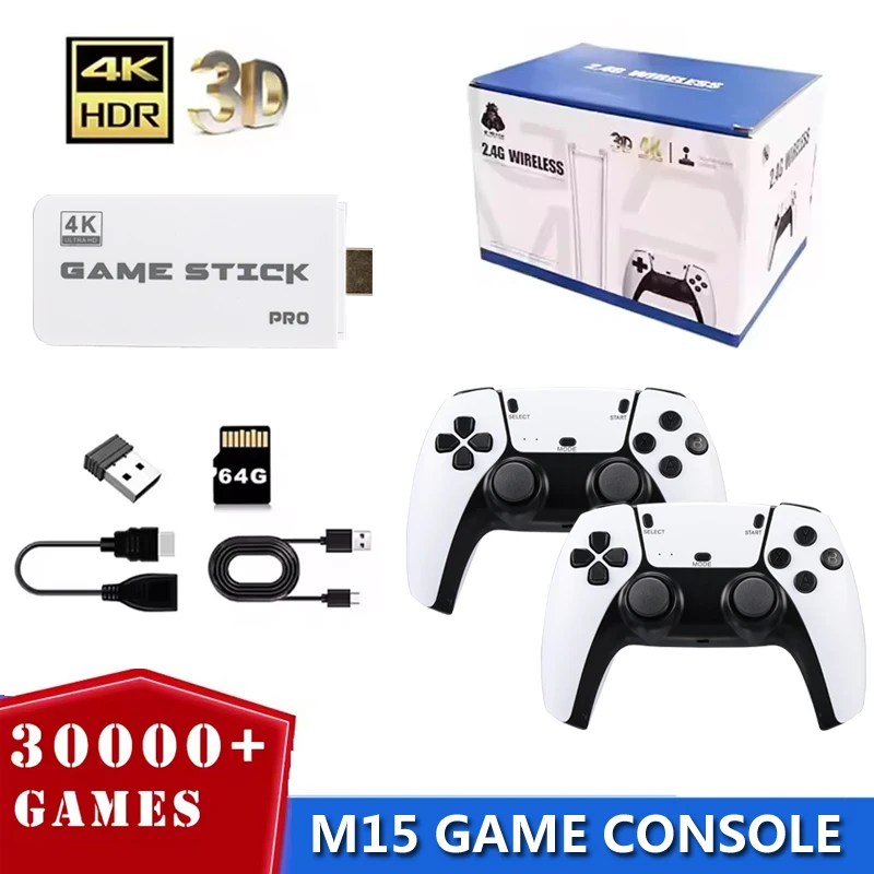 M15 Game Stick 4K Retro Game Console 128G 30000+ Games Handheld Video Game Console with Wireless Gamepads Controller HDMI Output