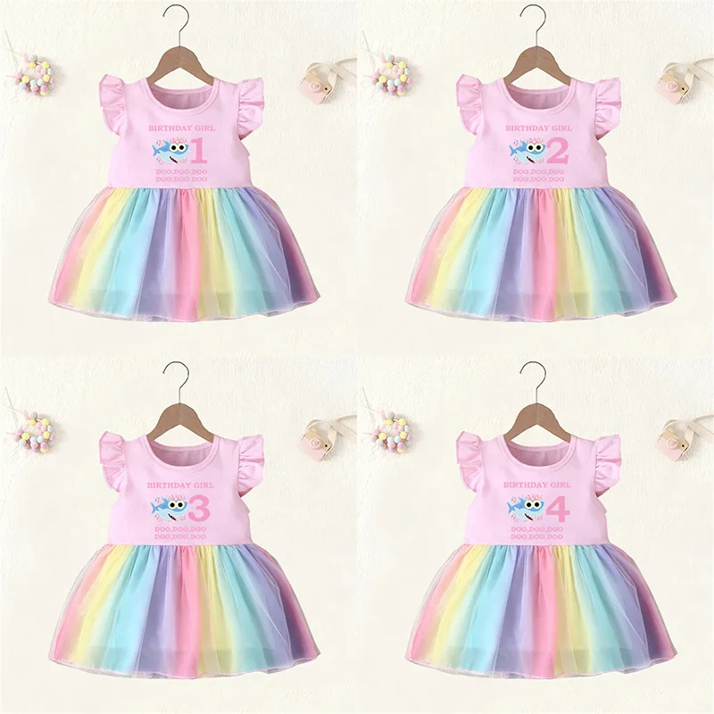 Baby Girl Clothes Age 1 2 3 4 Years Birthday Dress Cartoon Shark Cute Princess Vestidos Toddler Girls Rainbow Mesh Party Dresses