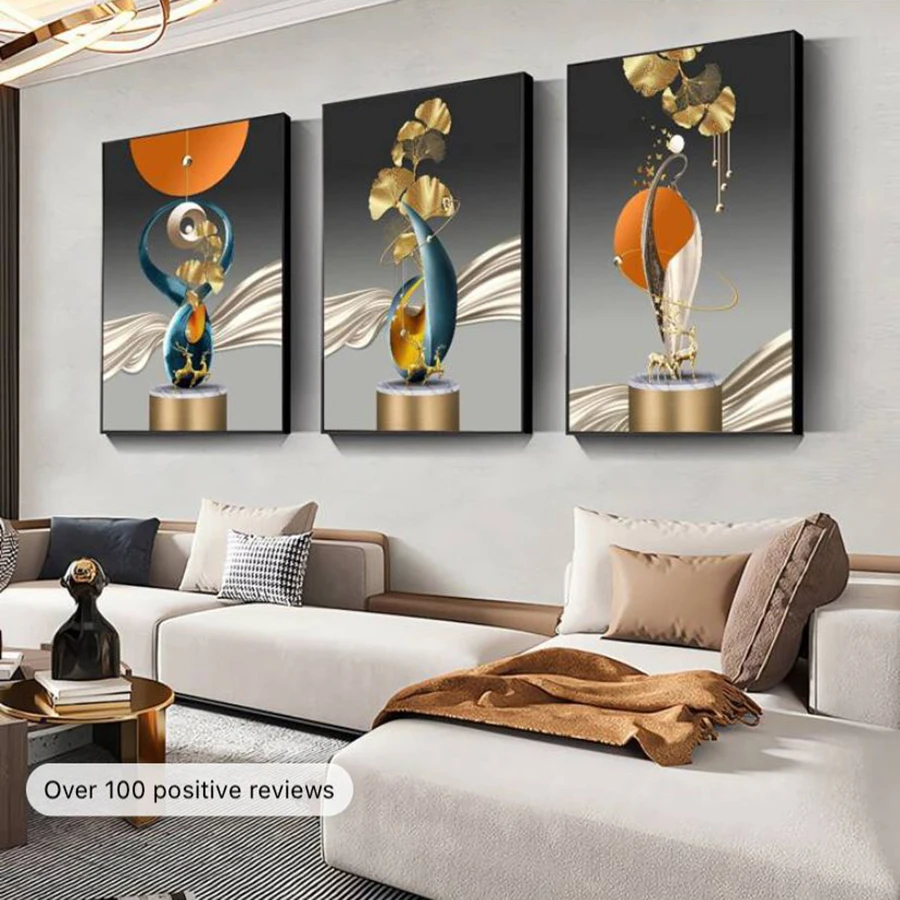 

Набор для алмазной вышивки «сделай сам», набор из 3 квадратных/круглых страз с геометрическим рисунком листьев гинкго и золотого оленя, Триптих 5D