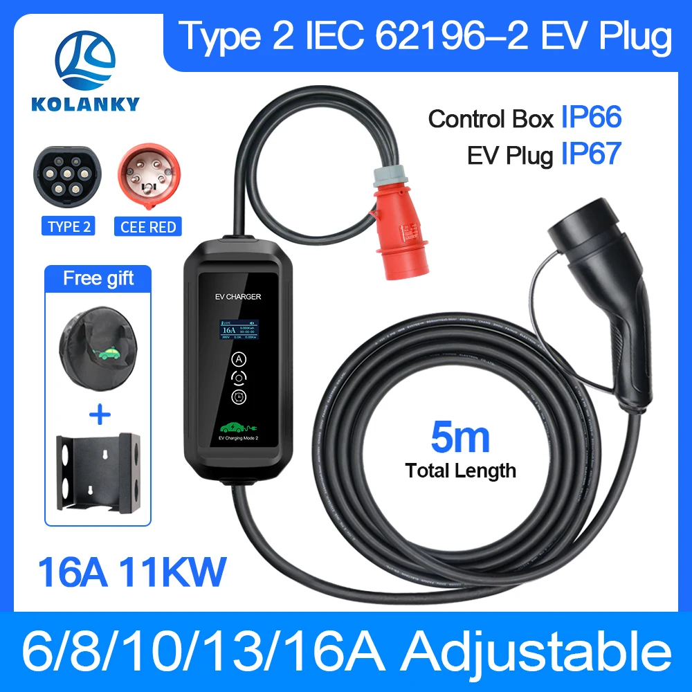 Mobile EV Charger 16A 11KW Type 2 IEC-62169 Cable 5M Timer 1-15Hour Adjust Current Charging For Eletric Vehicle Hybrid Cars