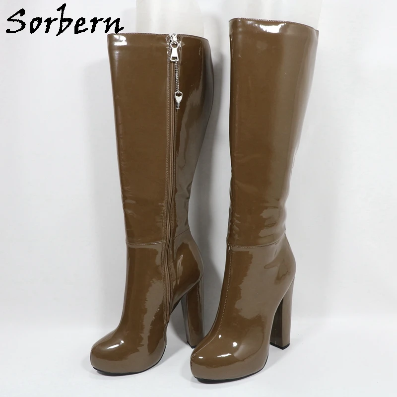 Sorbern Unisex Style Coffee Women Boots Knee High Round Toe Lockable Zipper Big Size 34-48 Custom Wide Or Slim Calf