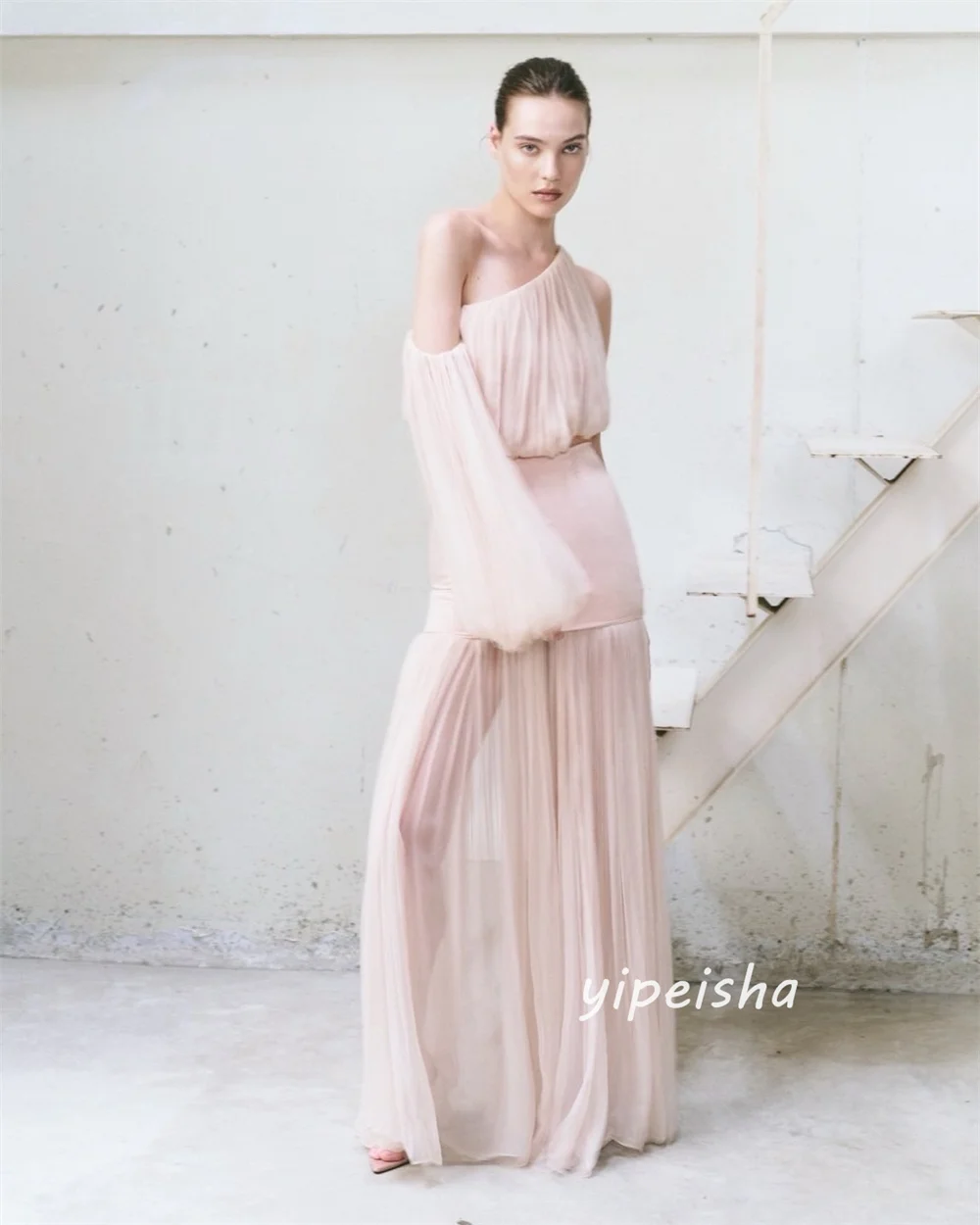 Customized Pink  Sexy Sizes Available Chiffon Pleat Draped A-line One-shoulder Long Dresses Evening Dresses for Woman Fashion