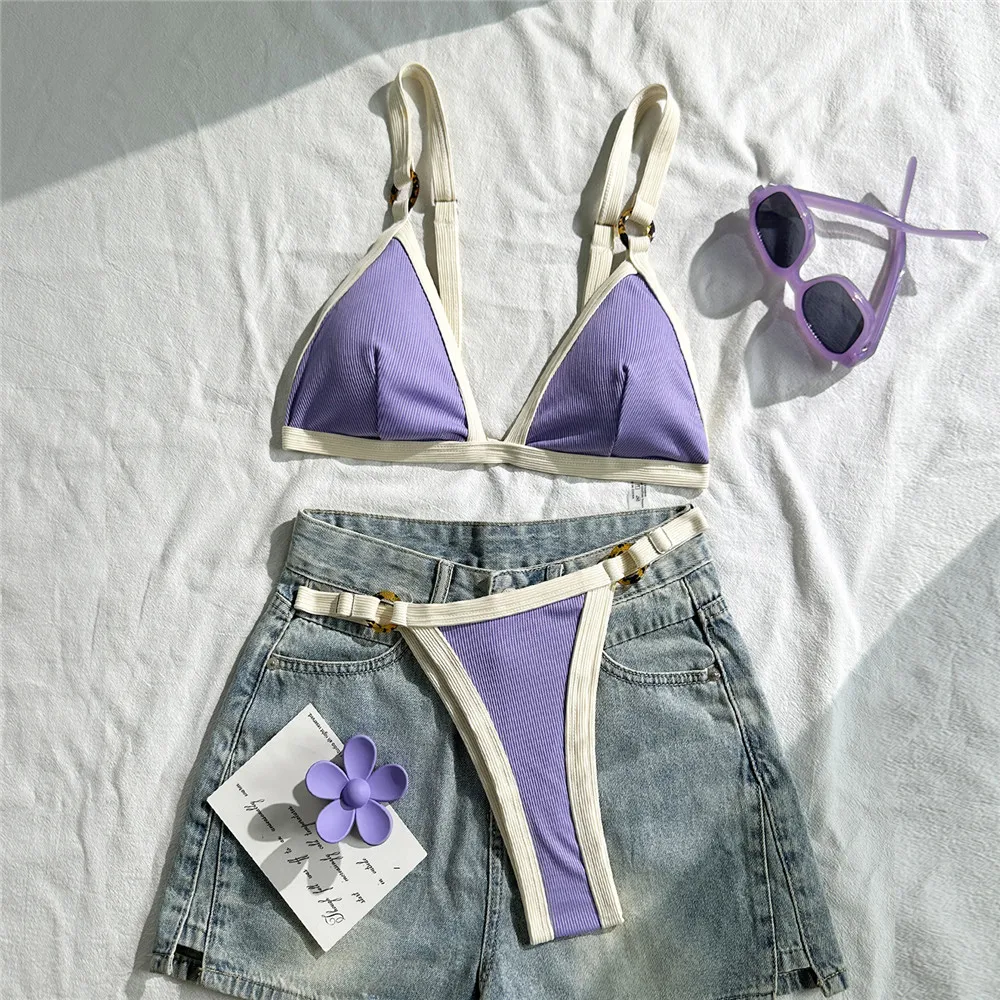 

Purple Triangle Micro Bikini Thong Mujer Sexy Swimsuit Women 2025 Ribbed Swimwear Bathing Swimming Suit Bikinis Sets Beachwear