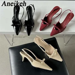 Aneikeh 2024 SummerDesigner Bowknot Buckle Strap Pumps Women Sexy Pointed Toe Thin Heels Wedding Banquet Dress Mule Ladies Shoes