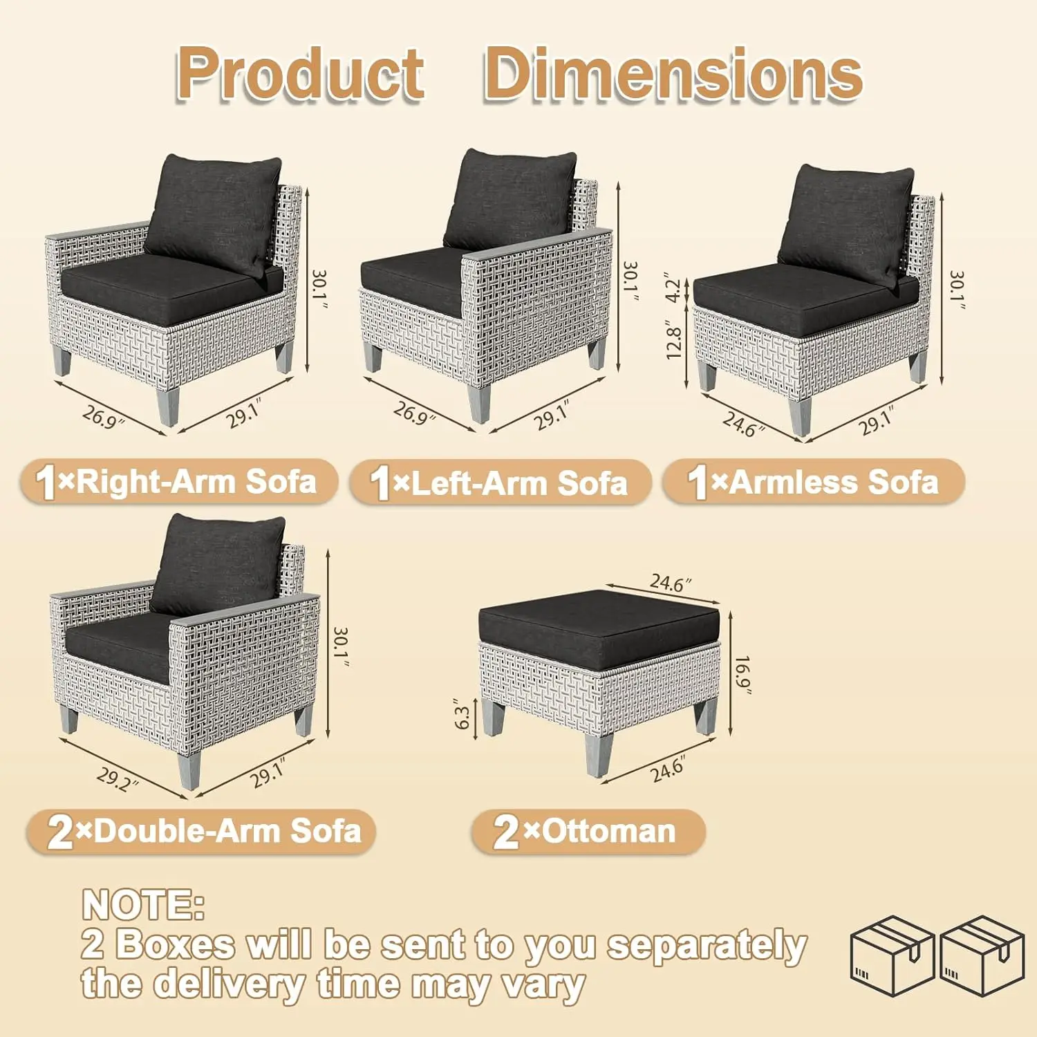 7pc Patio Set Ottoman Outdoor Sectional Sofa Cushion Modular Wicker Rattan Conversation Garden Poolside Black Customized