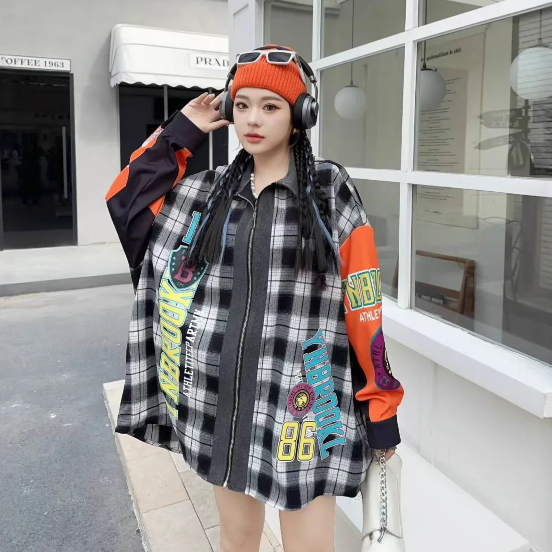 Fashion Casual Loose Letter Print Plaid Long Sleeve Shirt Women 2025 New Autumn Color Block Design Outerwear Trendy Coat