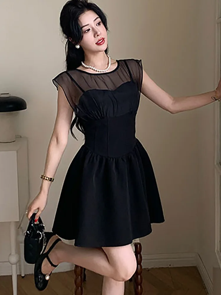 Women Korean Vintage Hepburn Luxury Dress Summer Black Patchwork Mesh Sheer Sexy Dress 2024 Elegant Bodycon Chic One Piece Dress