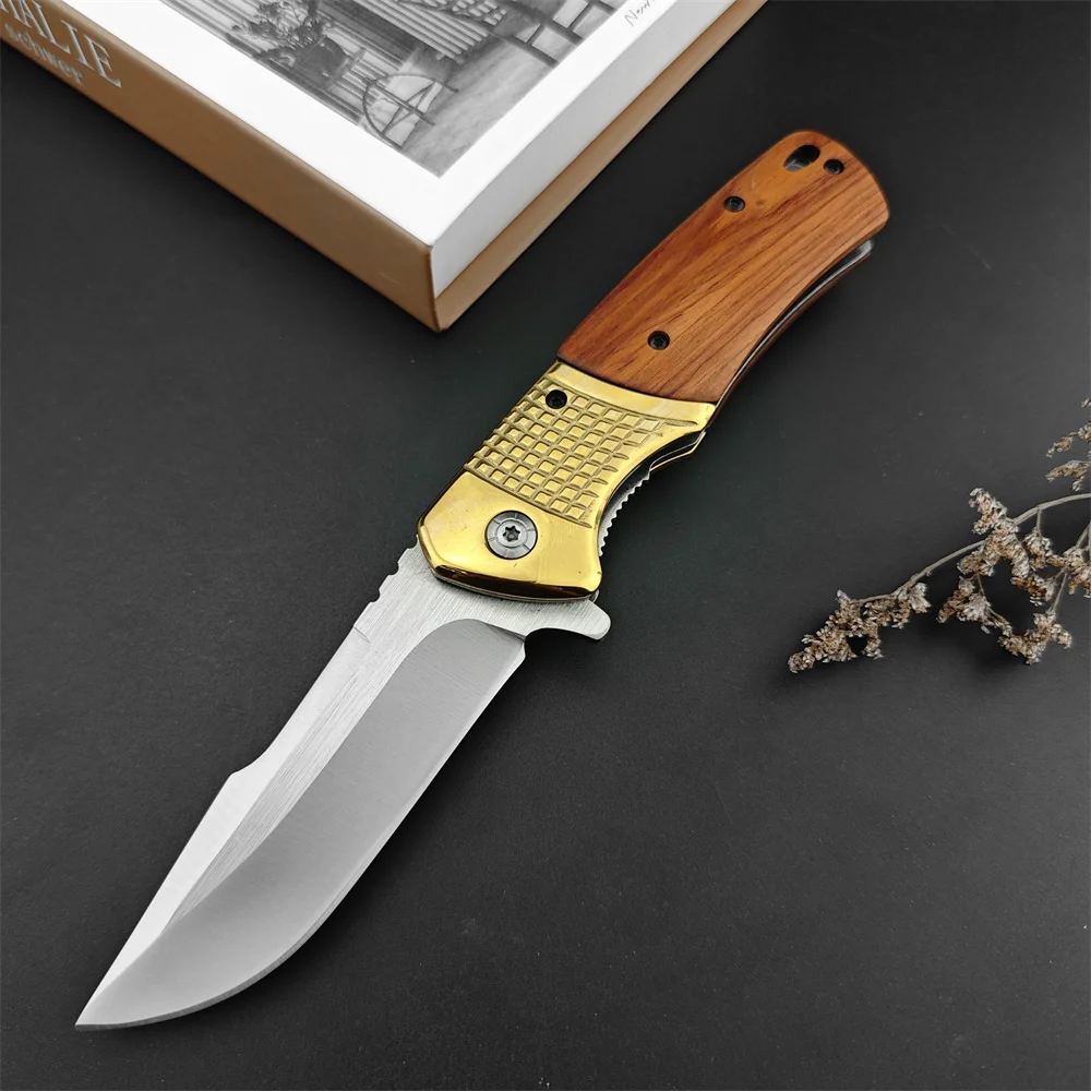 

Outdoor Hunting Knife 5Cr13Mov Blade Brass & Colored Wood Handle Pocket Folding Knife Camping EDC Self Defense Survival Knife