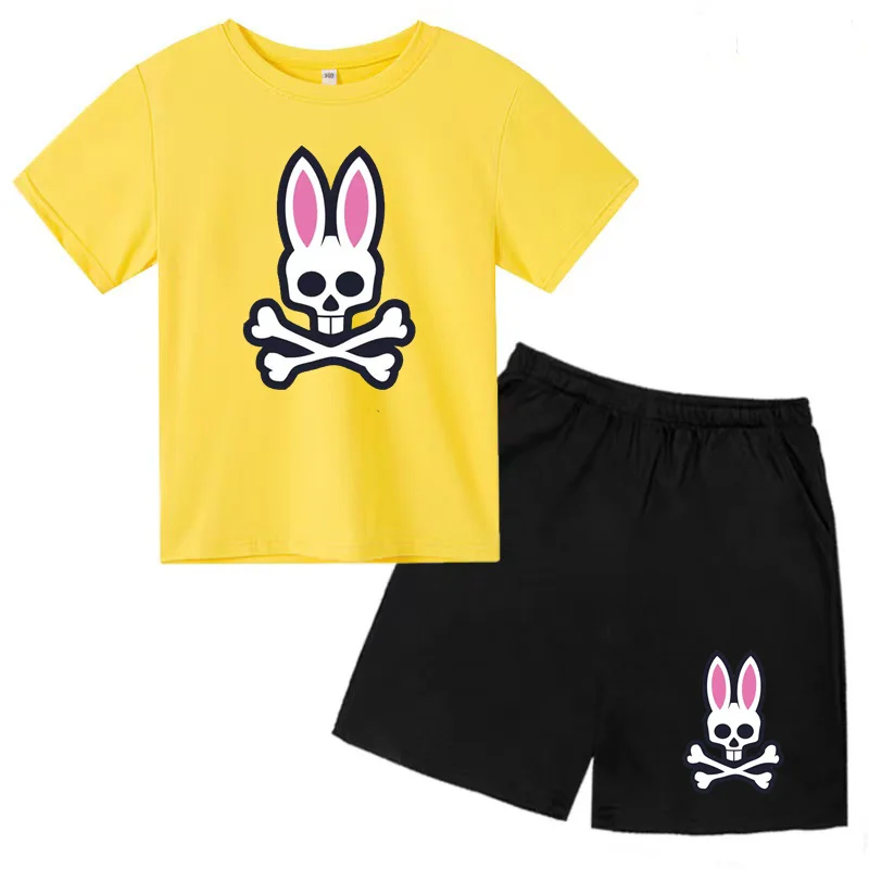 Kids Short Sleeved T-shirt Skull Rabbit Boys Girls Toddler 3-12Y Charming Top+shorts 2P Cute Clothes Sports Jogging Leisure Set