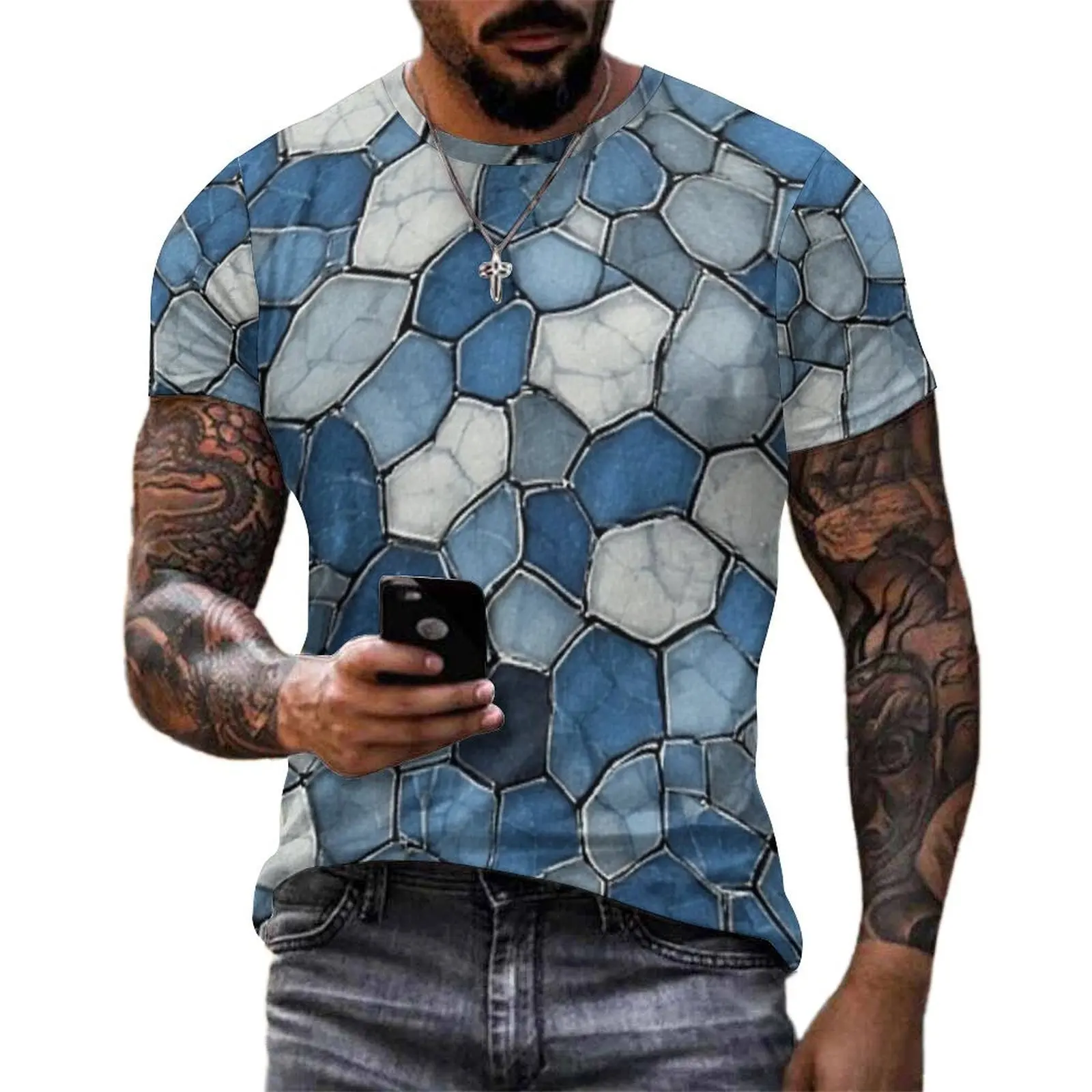 Fractured Honeycomb Blue Cracked Tile Print T Shirt Hippie T Shirts Men Tshirt Premium Short-Sleeve Pattern Clothes Plus Size