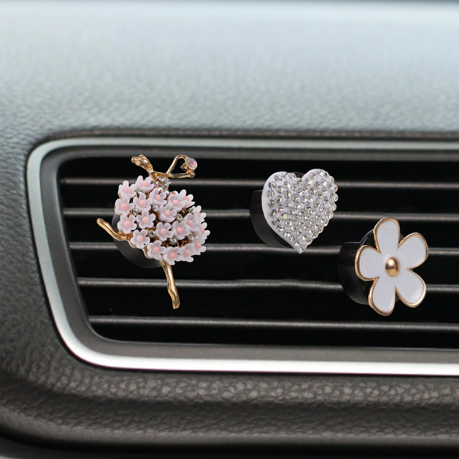 

3Pcs Rhinestone Heart Flower Decorative Clips Car Air Vent Clip for Women Car Freshener Vent Diffuser Outlet Decoration