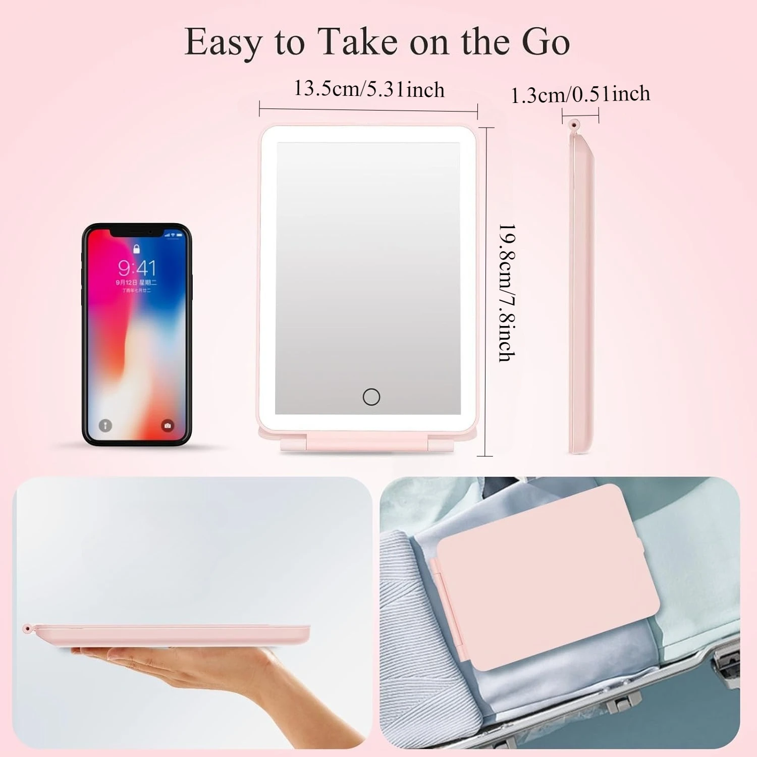 LED Folding Travel Makeup Mirror 3 Colors Light Modes USB Rechargeable Touch Screen Portable Tabletop Cosmetic Mirror