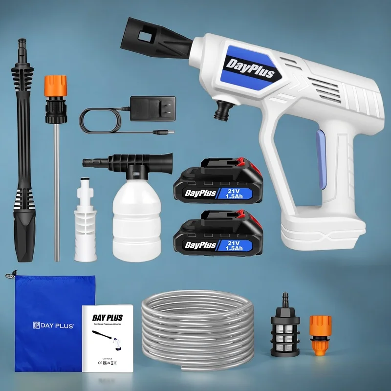 Cordless Pressure Washer with 2x3000mah Rechargeable Battery, Charger and Accessories,Portable Car Washer for Cleaning,3 Speed
